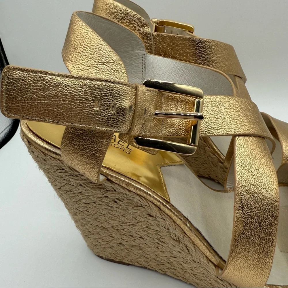 Michael Kors Metallic Gold Wedge-Platform Ankle Strap Espadrilles Size 11M - Picture 16 of 16
